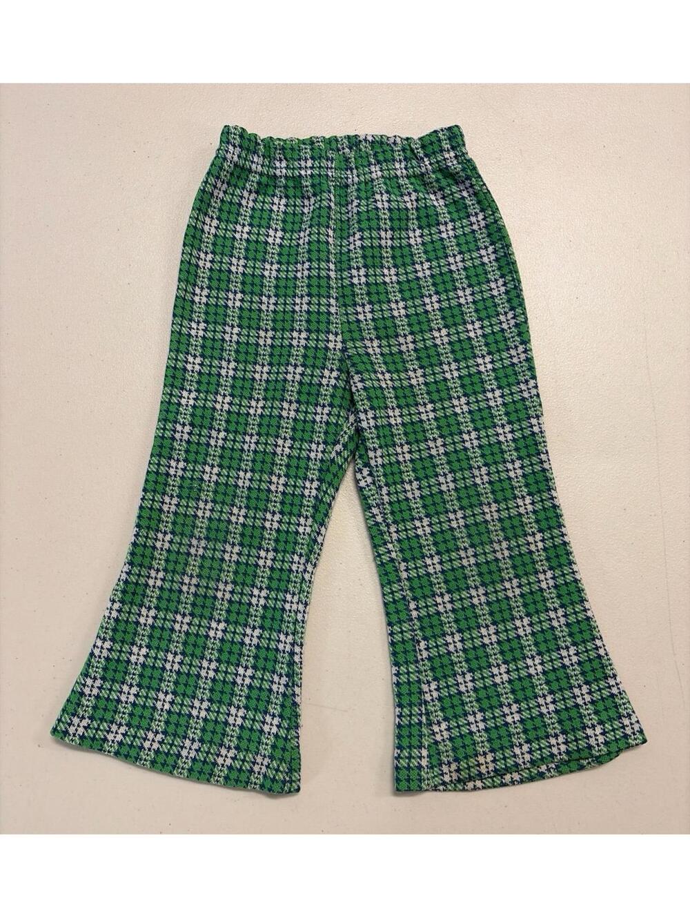 Vintage 70s Health-tex Stantogs Green White Plaid Bell Bottoms Size 3T